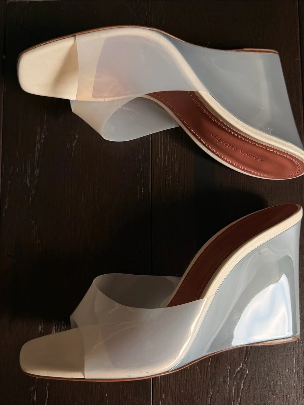 Amina Muaddi Clear Wedge Heel in Milky Off-White